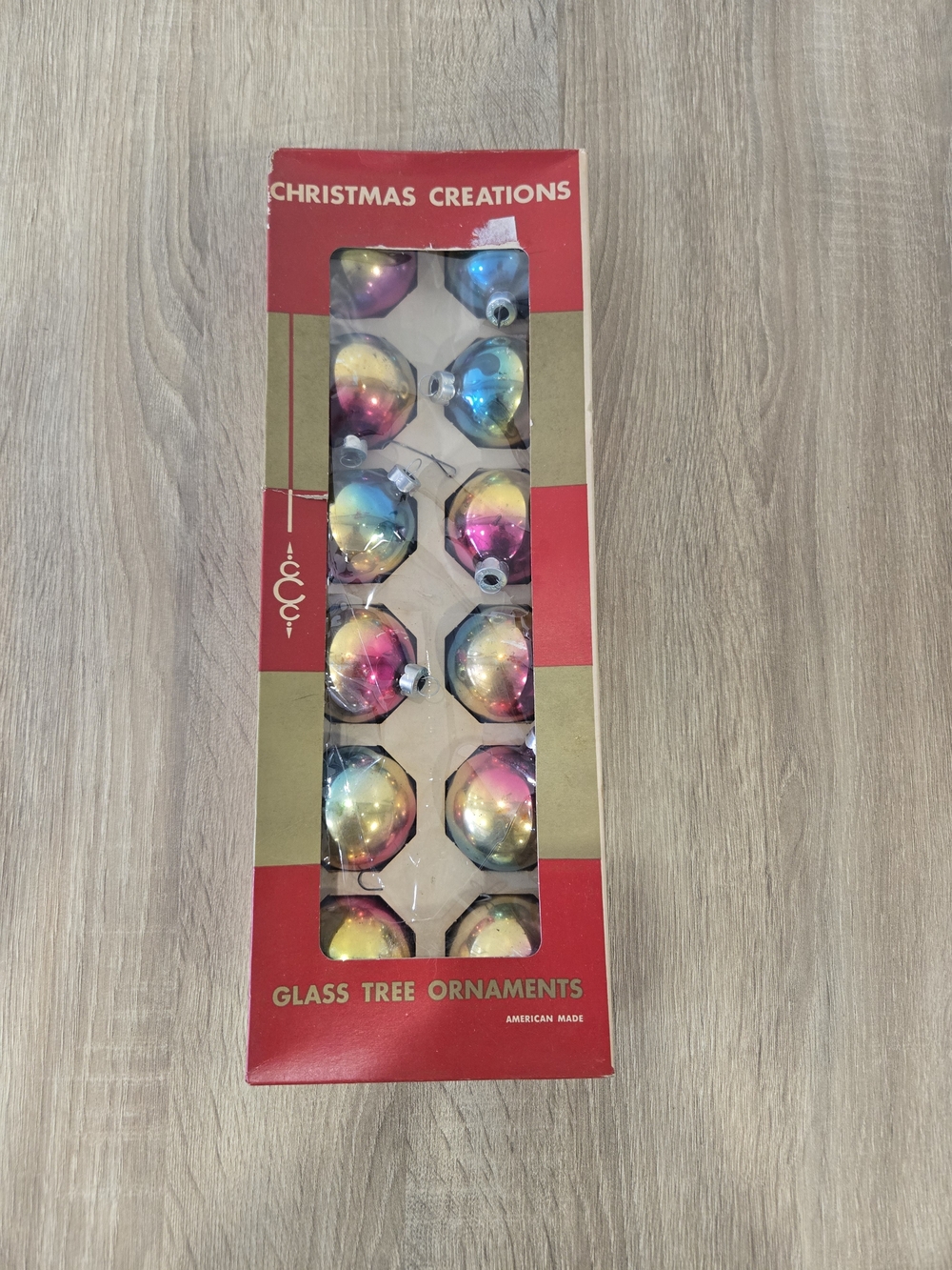 Vtg Christmas Creations Glass Ornaments Box of 12 Ombre Rainbow MCM Made in USA